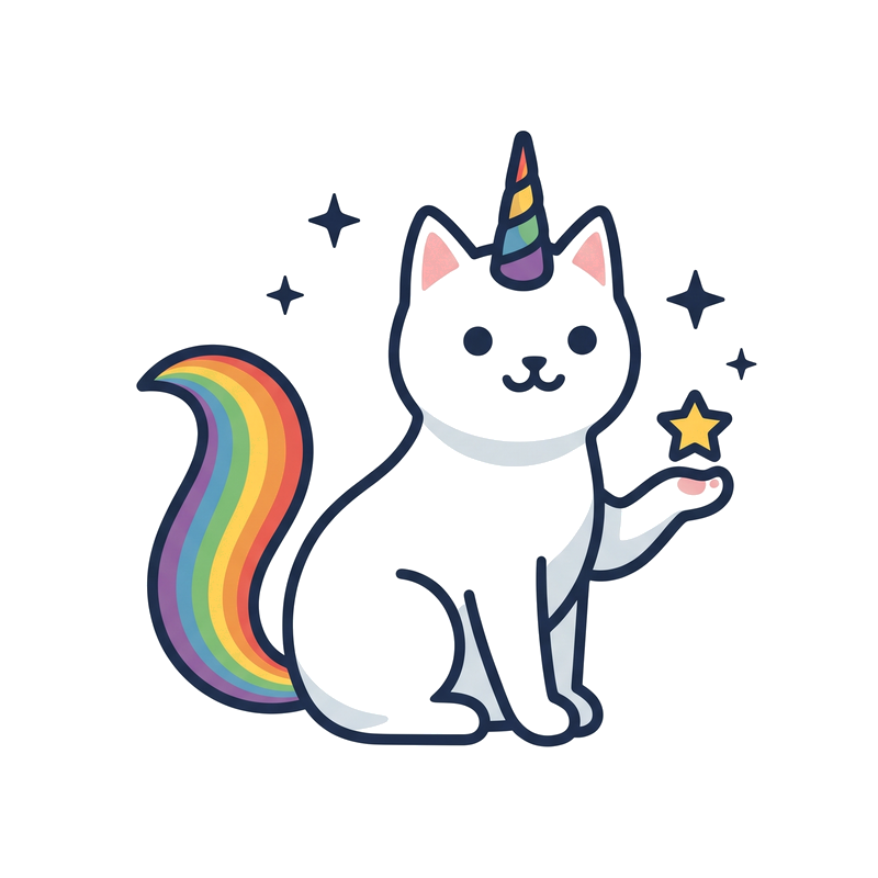 UnicornCat: a white cat with a rainbow horn and tail